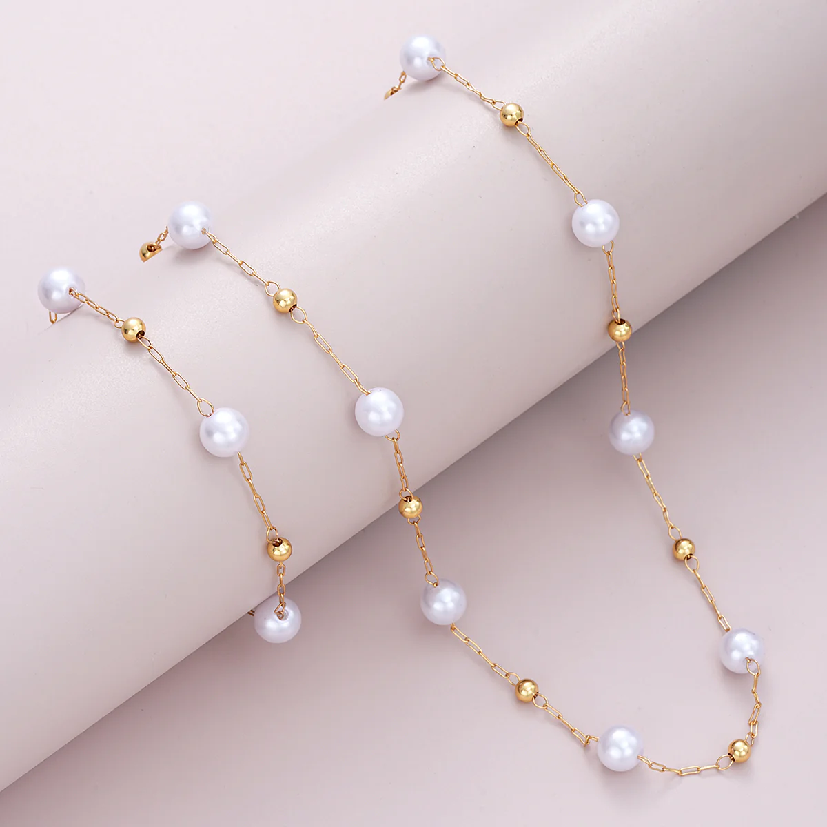 2pc Gold Beaded Pearl Necklace & Bracelet Set - Image 2