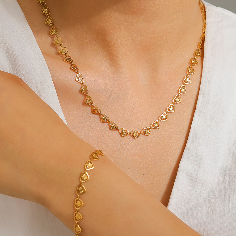 2pc Gold Heart Link Necklace & Bracelet Set