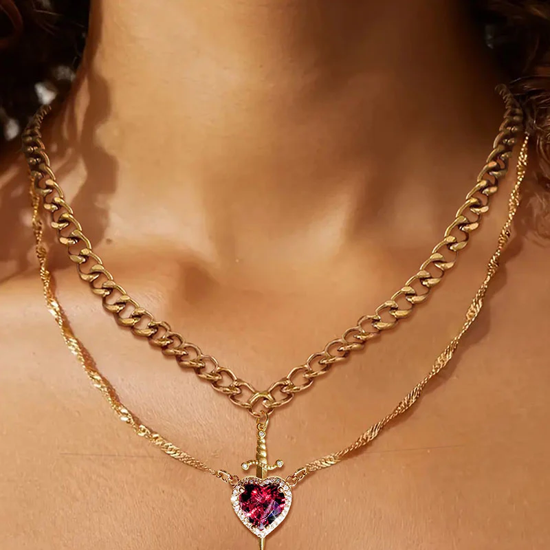 2pc Heart Sword Pendant Necklace Set