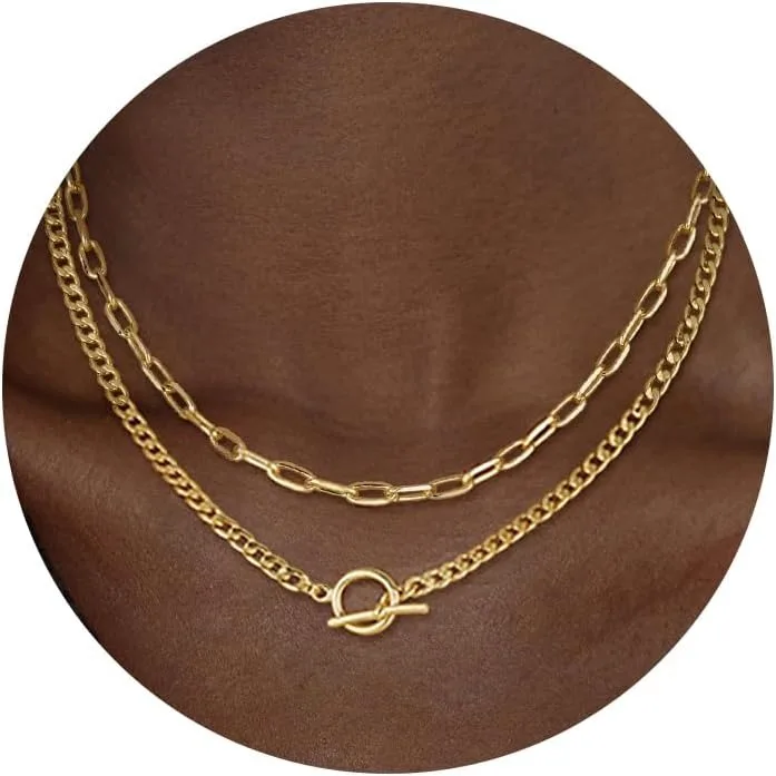 3-Layer Gold Chain Necklace with Toggle Clasp - Image 3