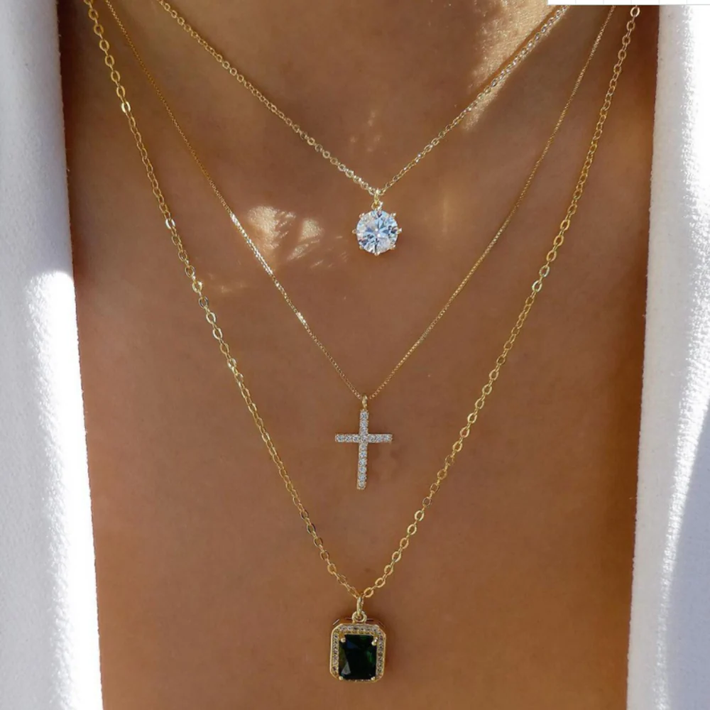 3pc Crystal & Cross Pendant Necklace Set