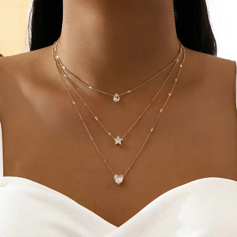 3pc Crystal Love Multilayer Necklace Set