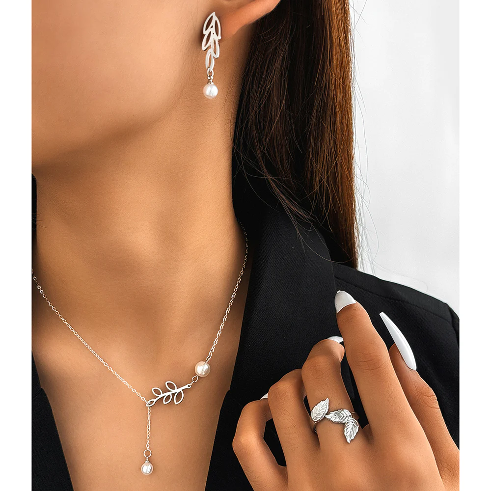 3pc Leaf Pearl Drop Jewelry Set - Image 2
