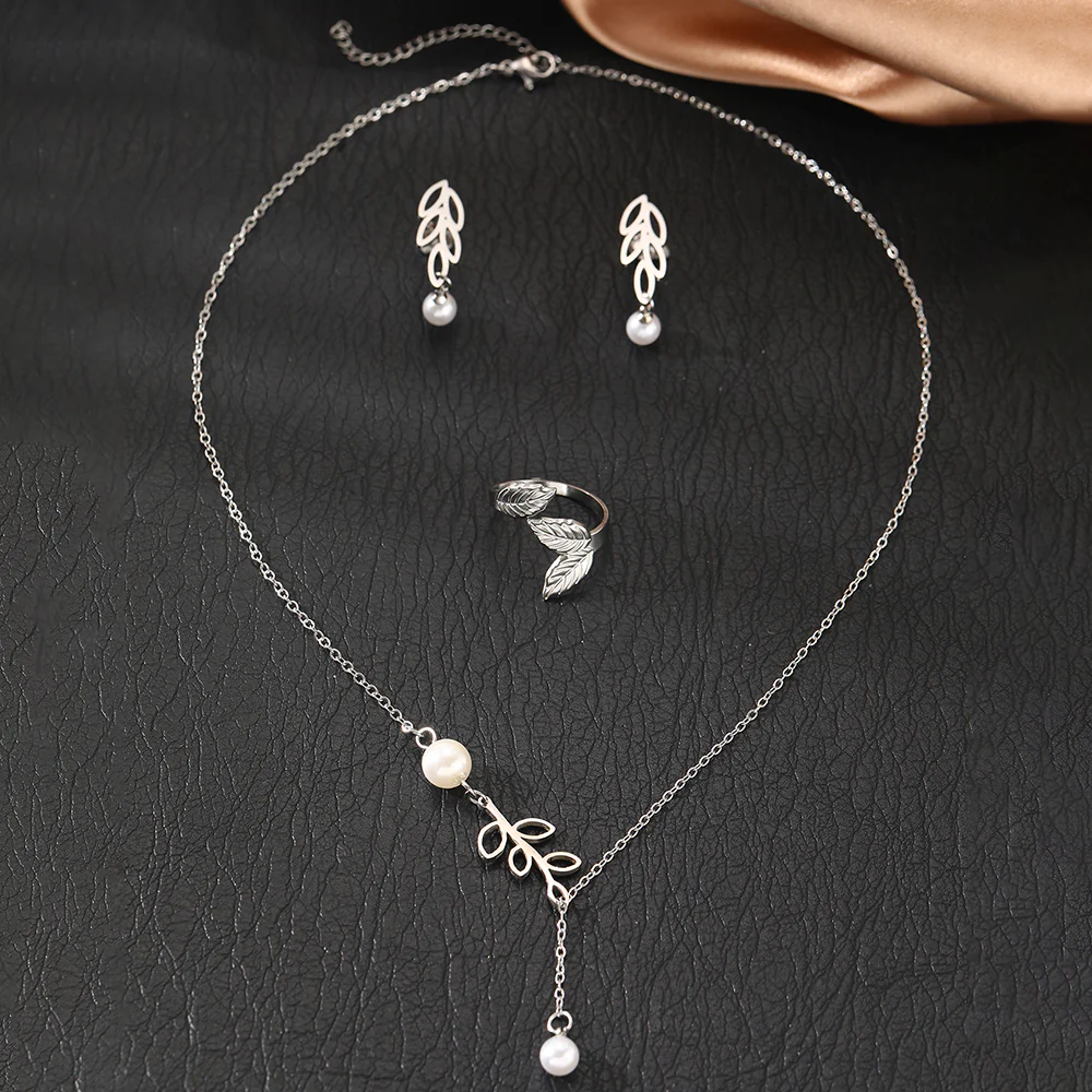 3pc Leaf Pearl Drop Jewelry Set - Image 4