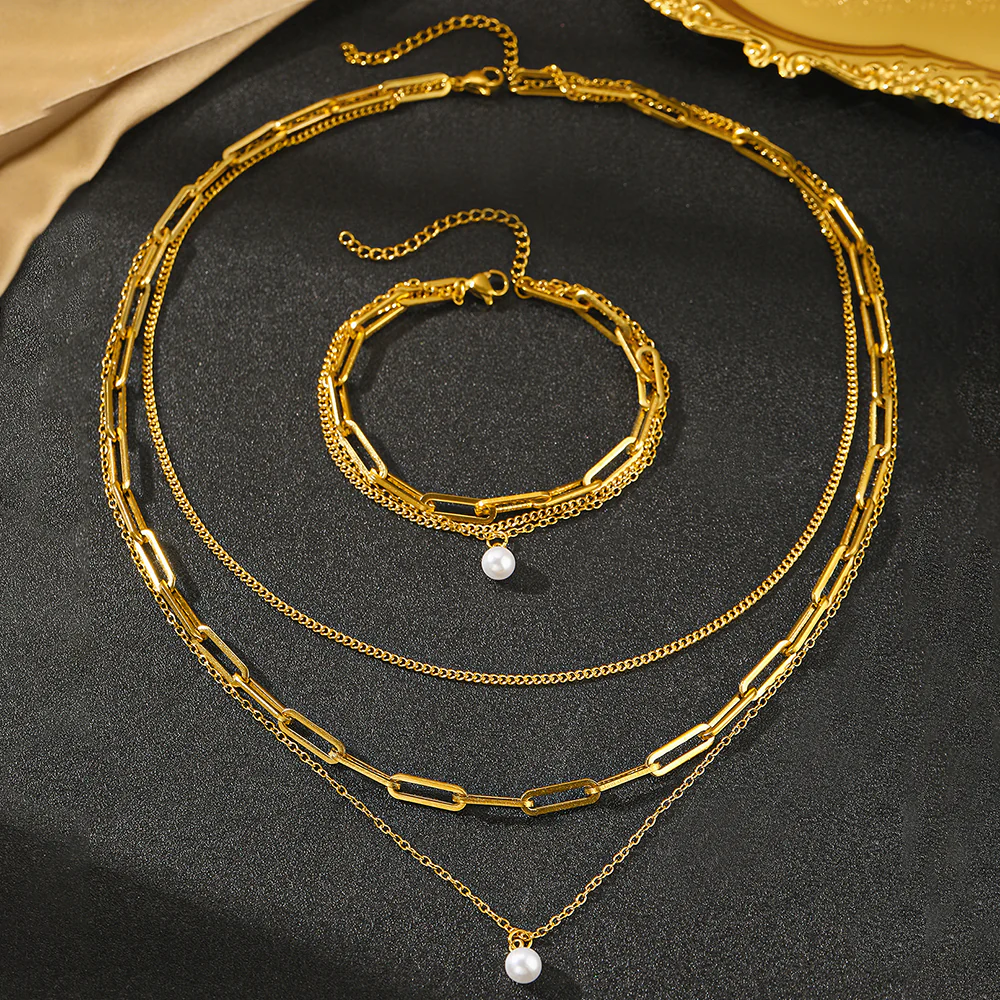 3pc Pearl & Chain Jewelry Set - Image 3