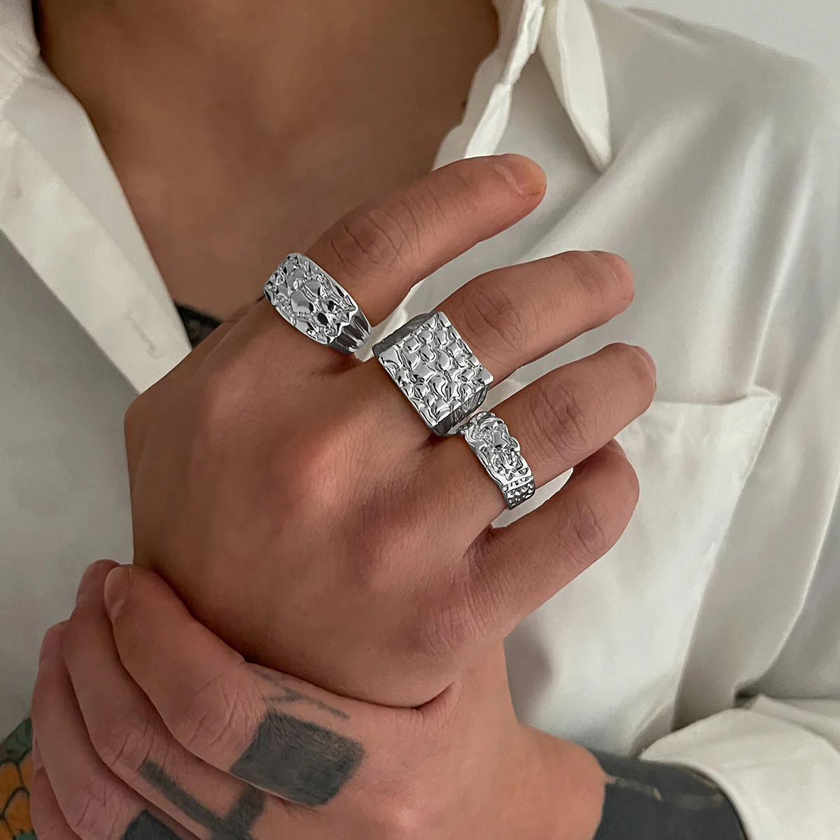 3pc Punk Square Chunky Ring Set - Image 2
