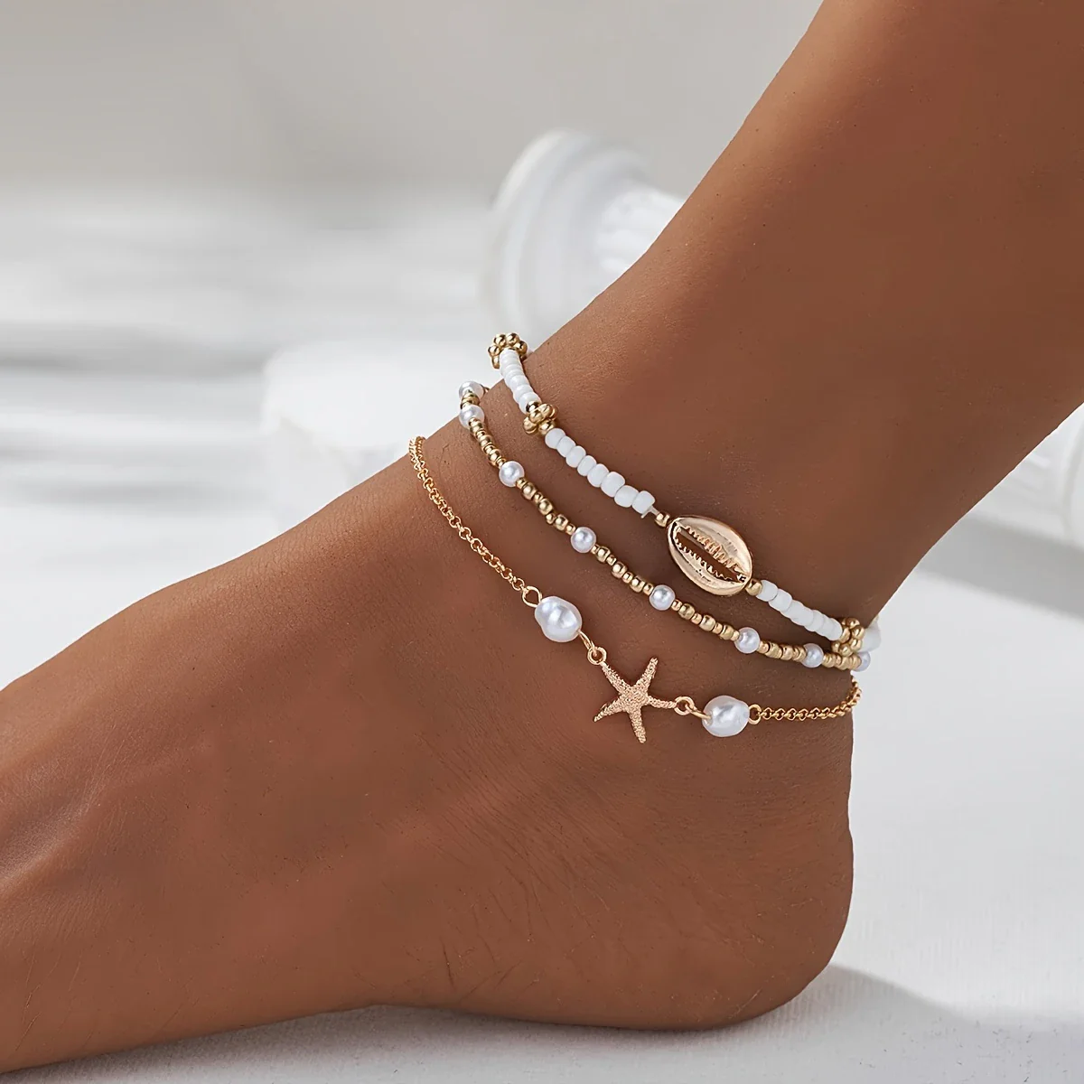 3pc Starfish & Shell Beaded Anklet Set - Image 2