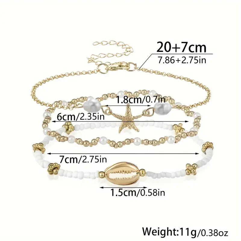 3pc Starfish & Shell Beaded Anklet Set - Image 3