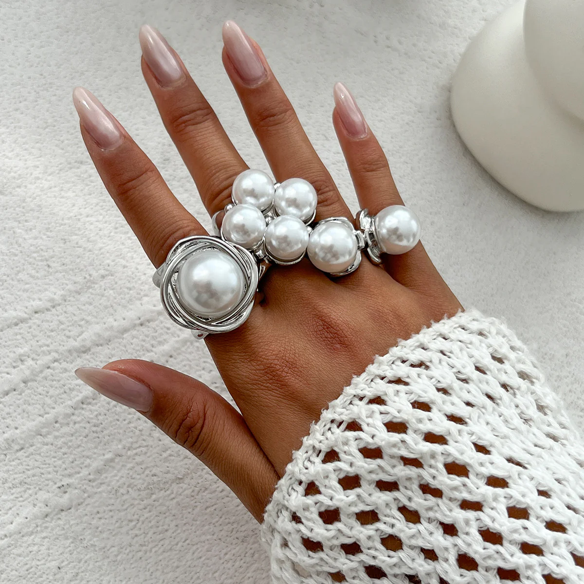 3pc Vintage Gold & Silver Pearl Ring Set - Image 2