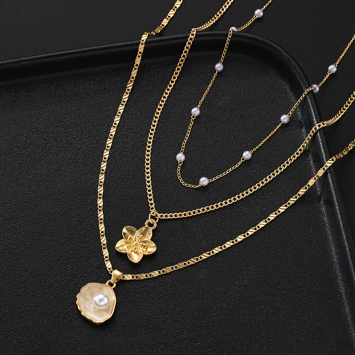 3pc Vintage Layered Pearl & Flower Necklace Set - Image 2