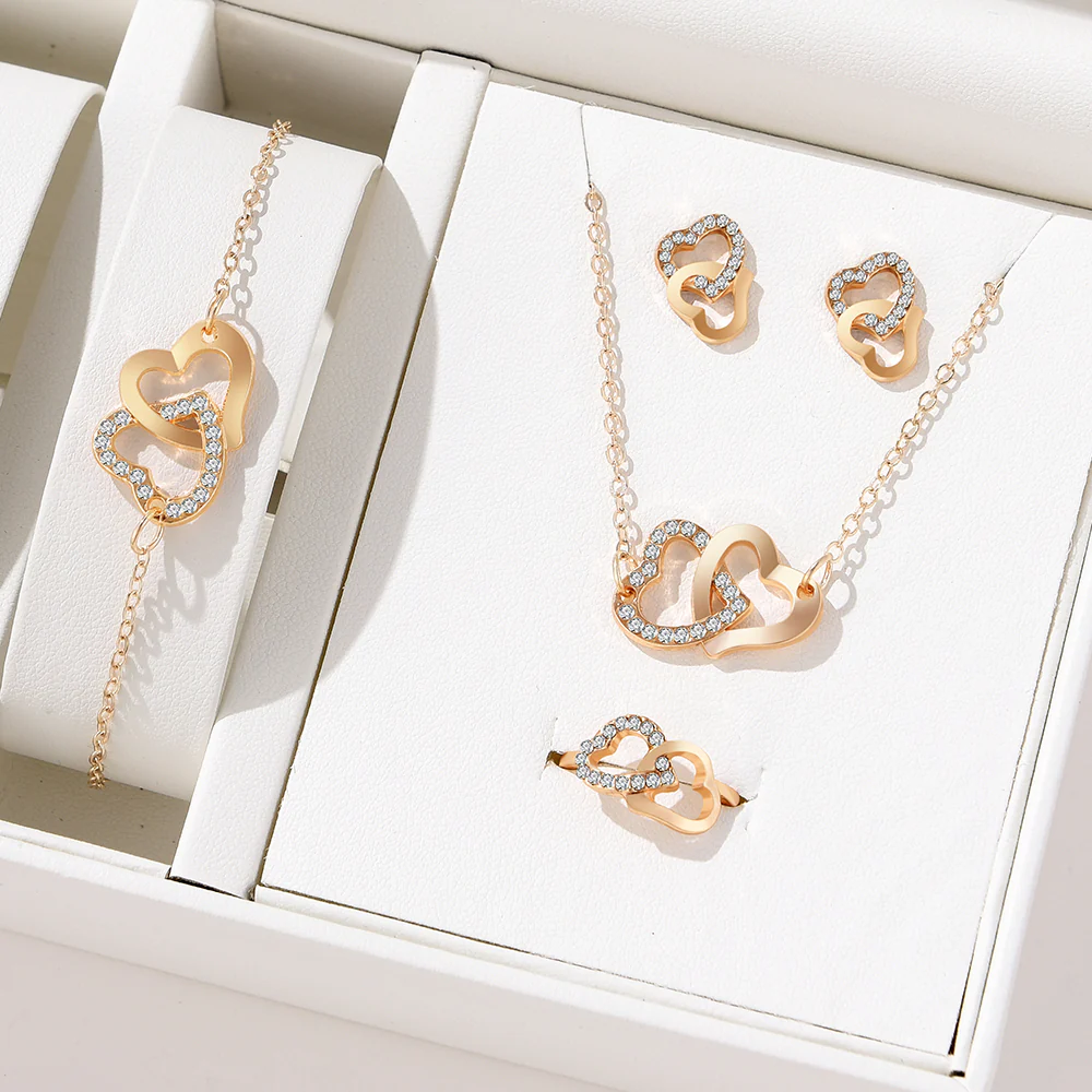 4pc Crystal Interlocking Heart Jewelry Set