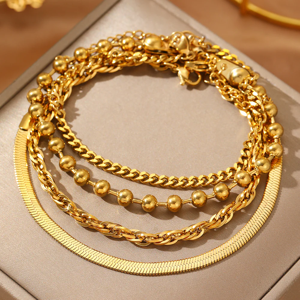 4pc Gold Link & Bead Bracelet Stack - Image 4