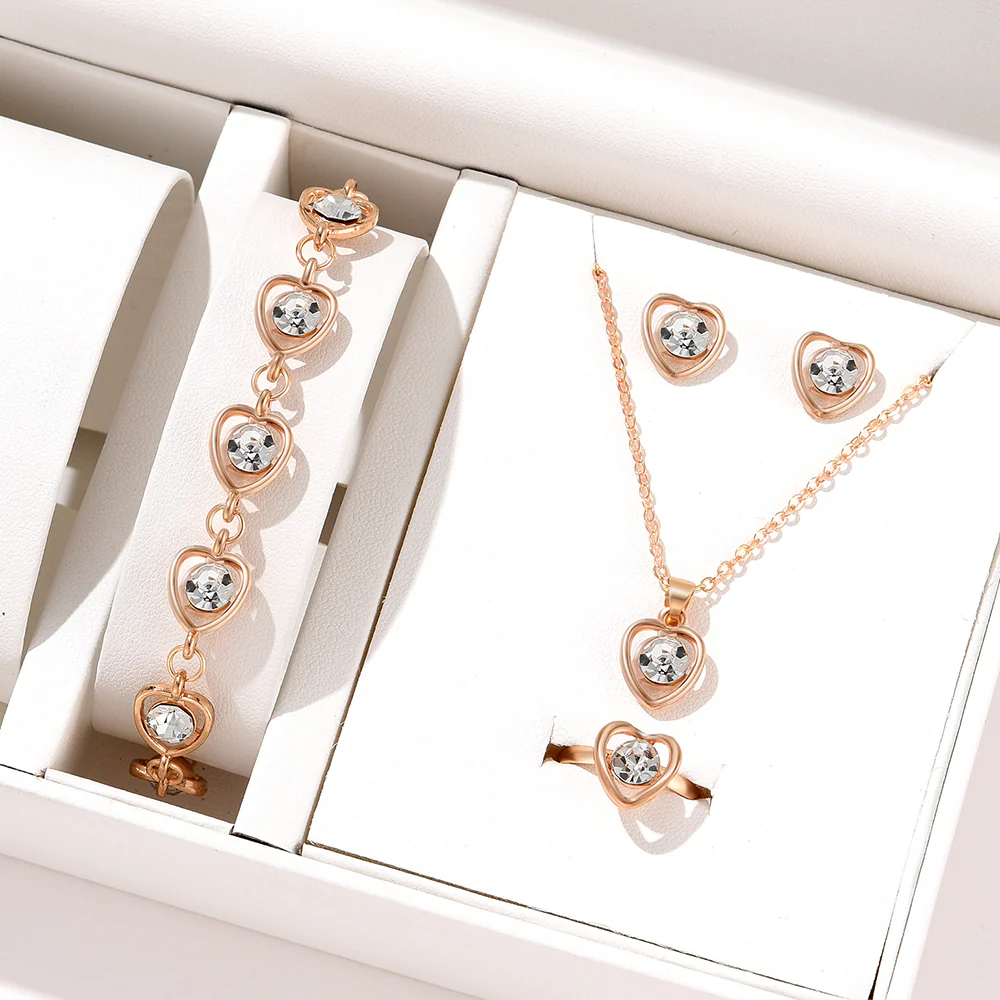 4pc Rose Gold Heart Crystal Jewelry Set - Image 2