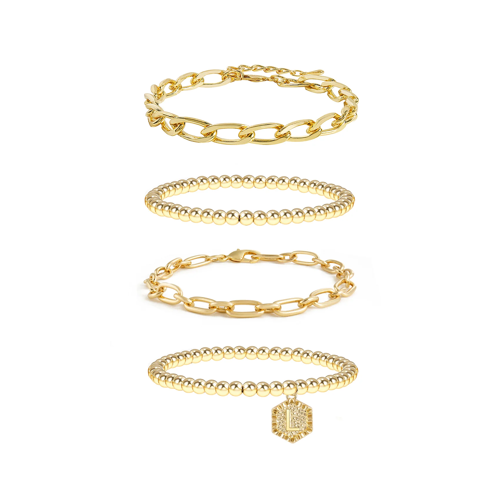 5pc Gold Beaded Chain Bracelet Set with Initial Charm - Image 14