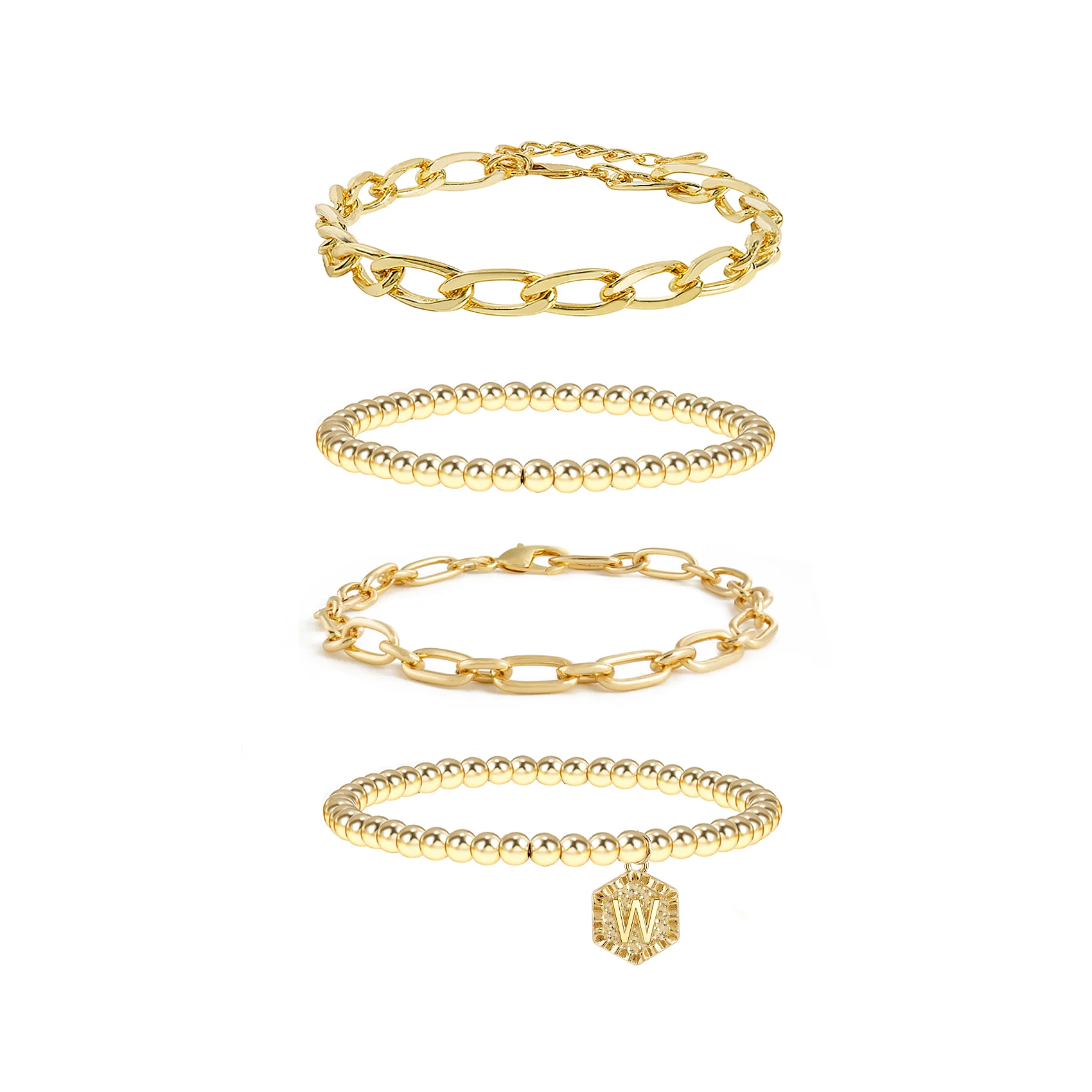 5pc Gold Beaded Chain Bracelet Set with Initial Charm - Image 25