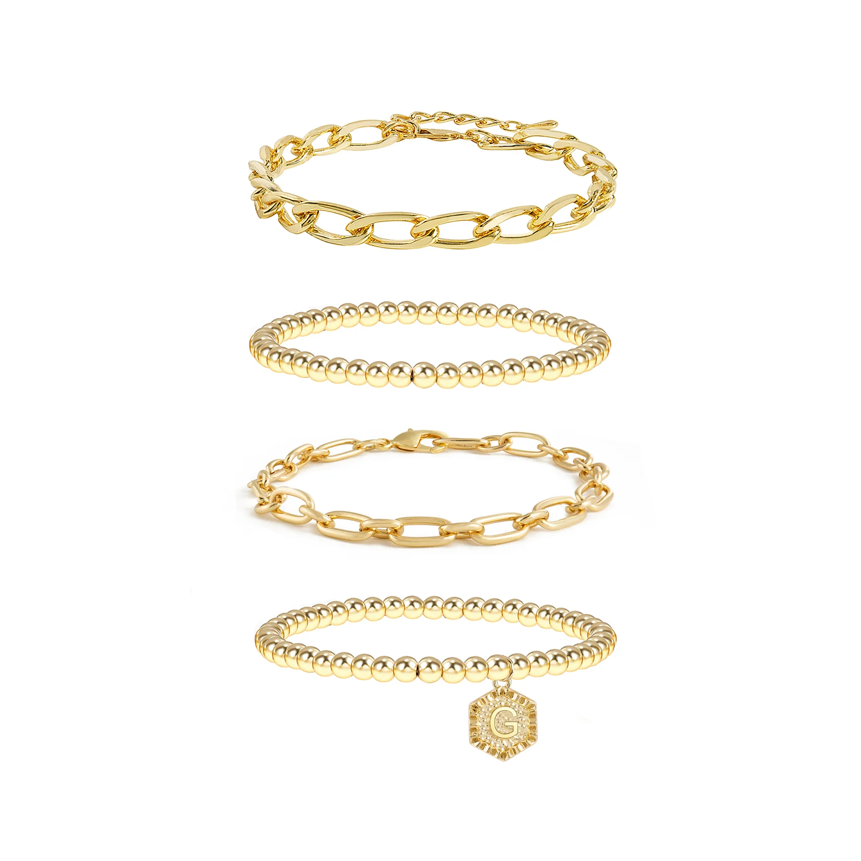 5pc Gold Beaded Chain Bracelet Set with Initial Charm - Image 9