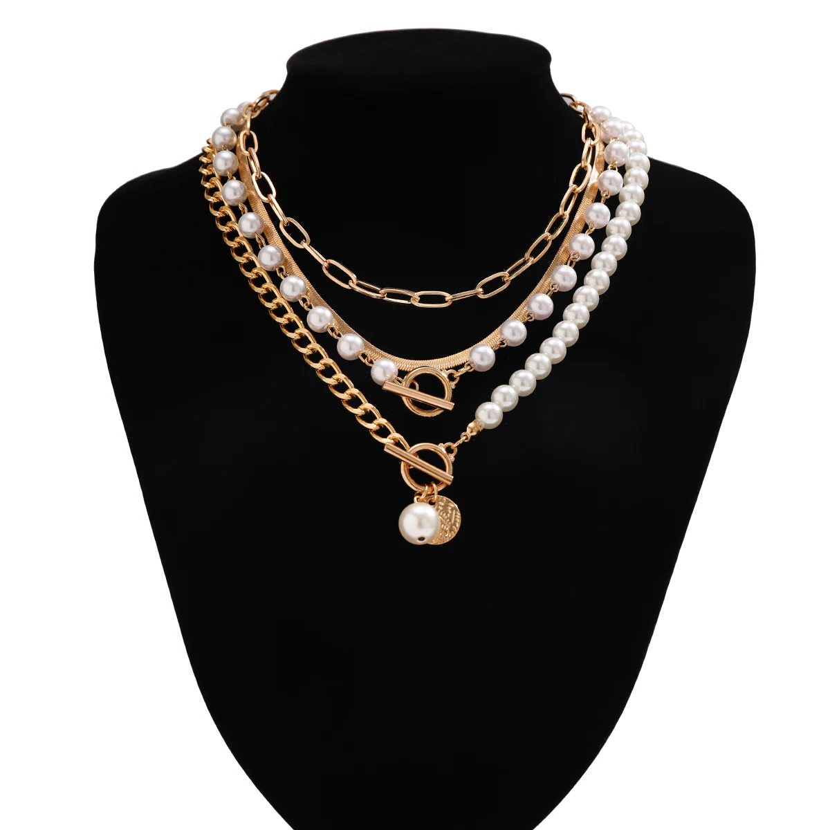 5pc Pearl & Chain Layered Necklace Set - Image 2