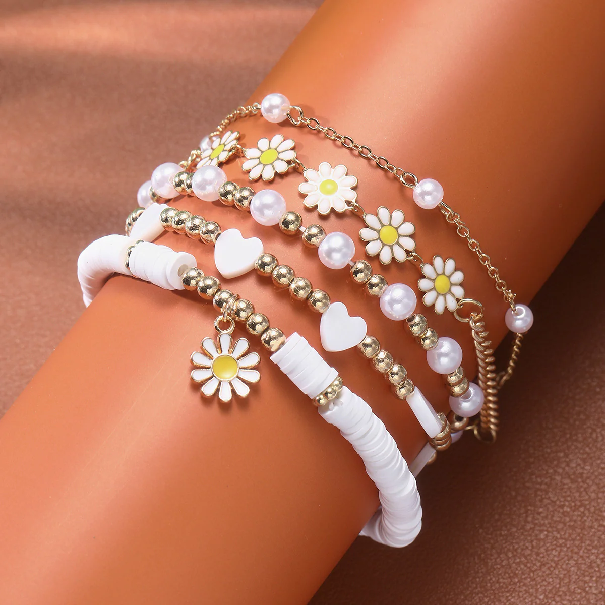 5pc Vintage Daisy & Pearl Bracelet Set