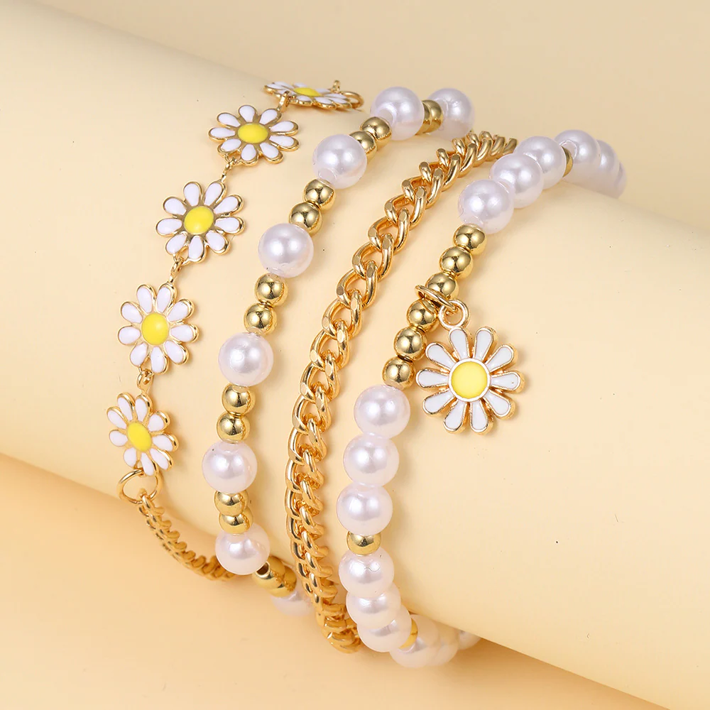 5pc Vintage Daisy & Pearl Bracelet Set - Image 2