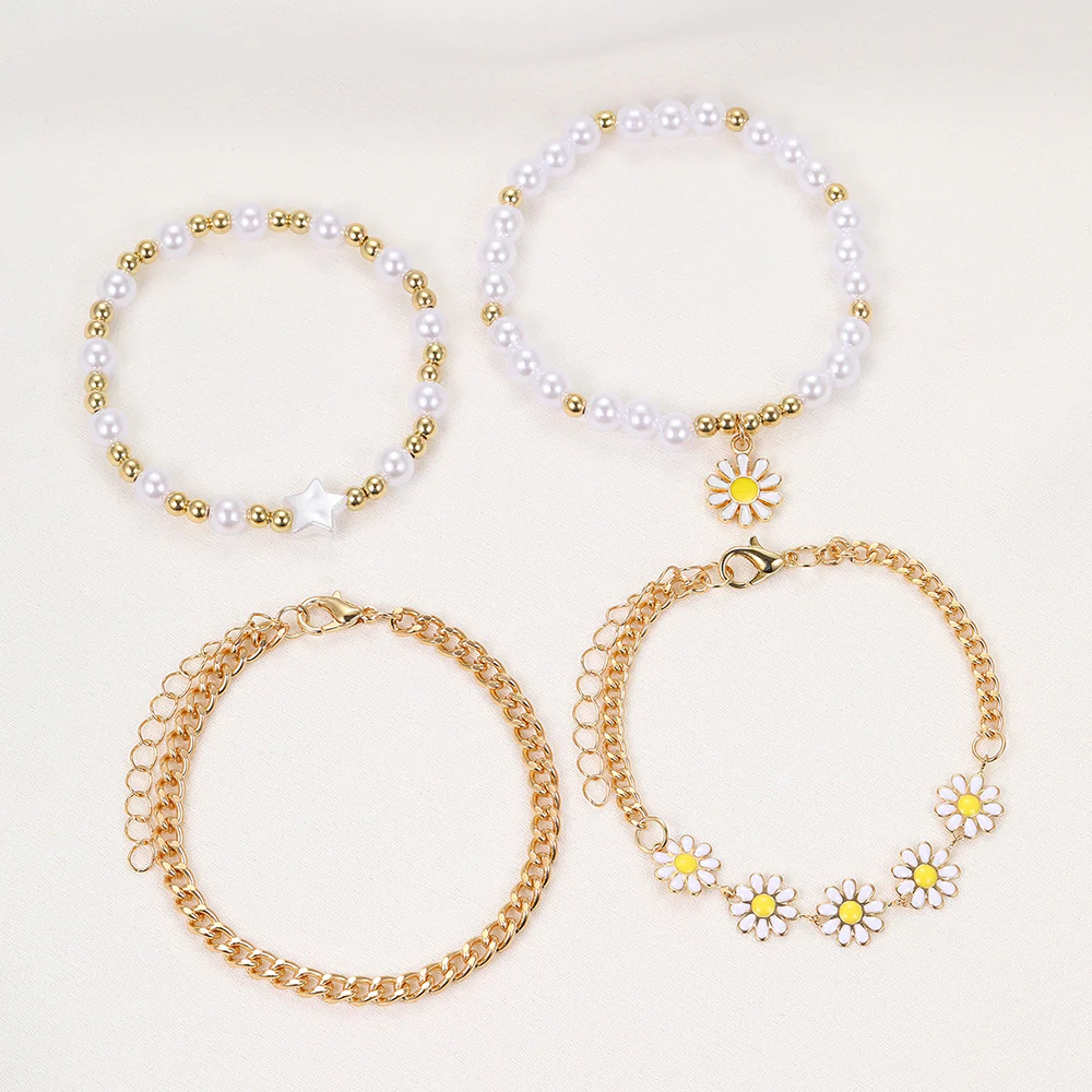 5pc Vintage Daisy & Pearl Bracelet Set - Image 3