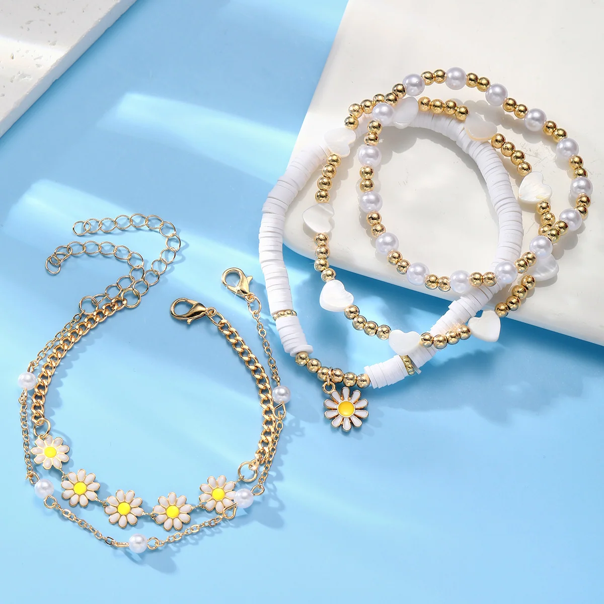 5pc Vintage Daisy & Pearl Bracelet Set - Image 4