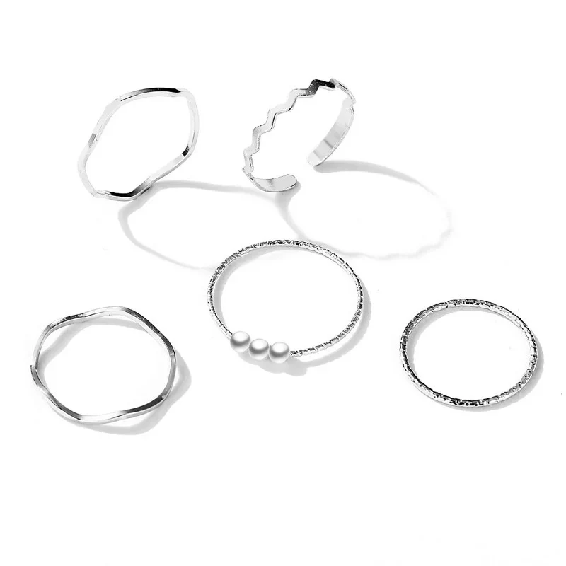 5pc Wavy Pearl Combo Ring Set - Image 2