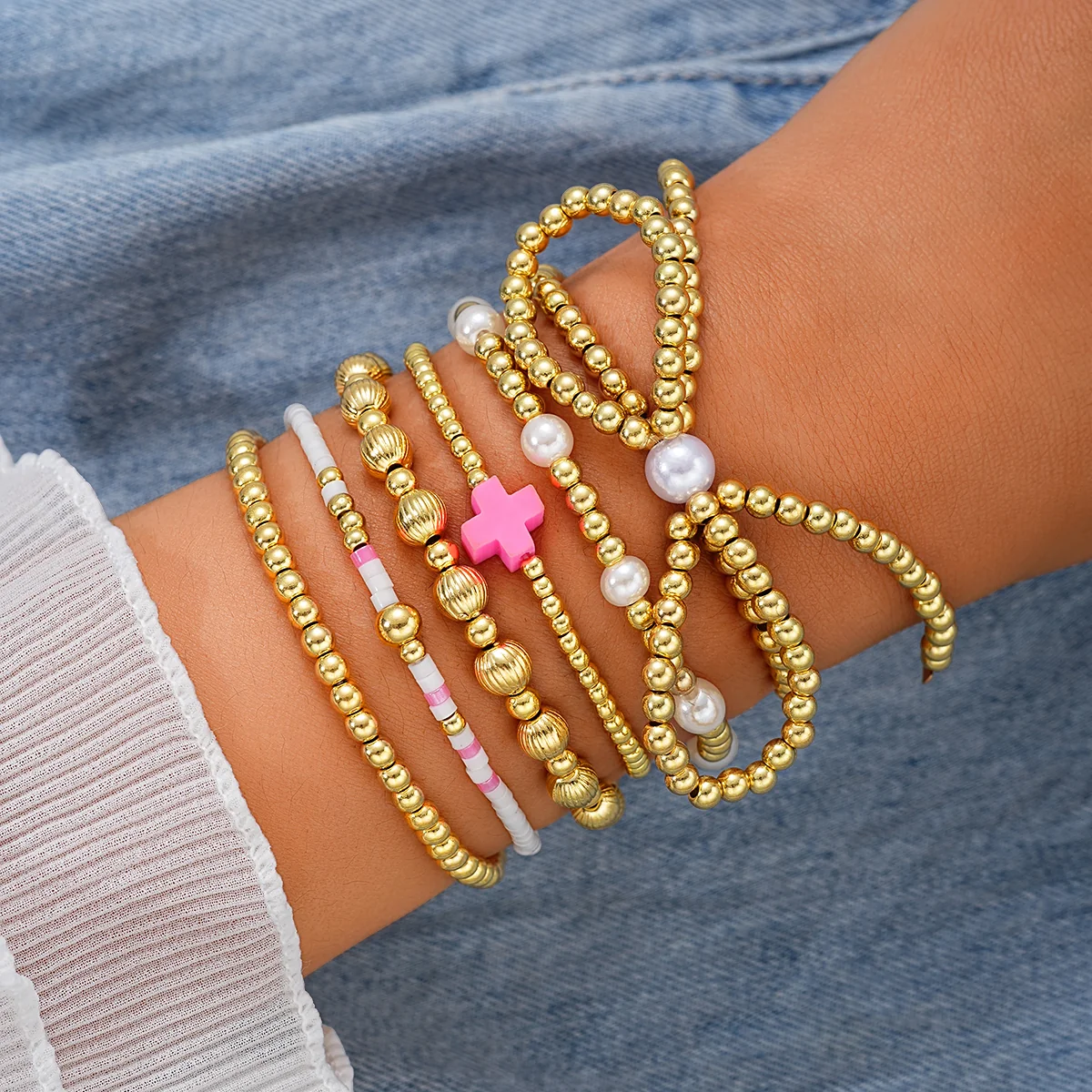6pc Beaded Pink Cross Bracelet Stack