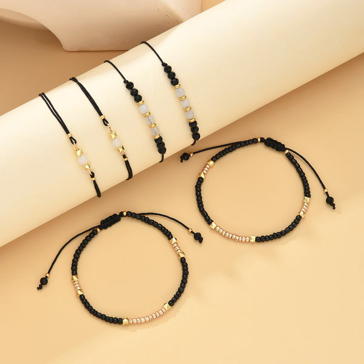 6pc Black Beaded Adjustable Bracelet Set - Image 2
