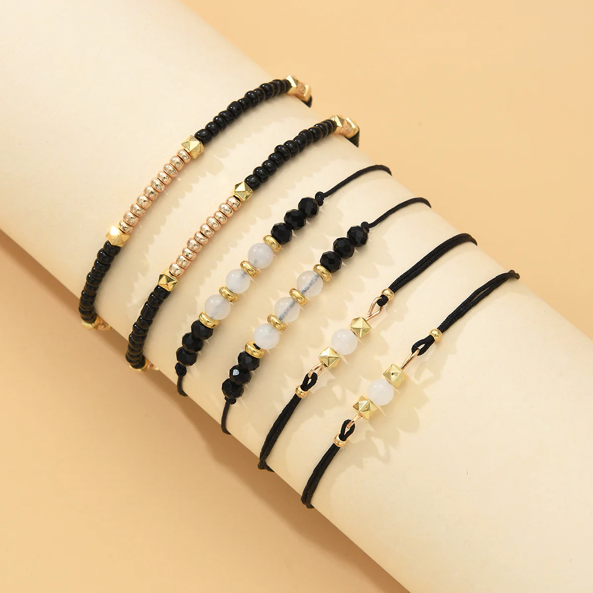 6pc Black Beaded Adjustable Bracelet Set - Image 3