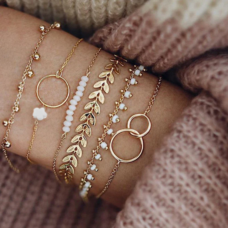 6pc Boho Flower Leaf Charm Bracelet Set