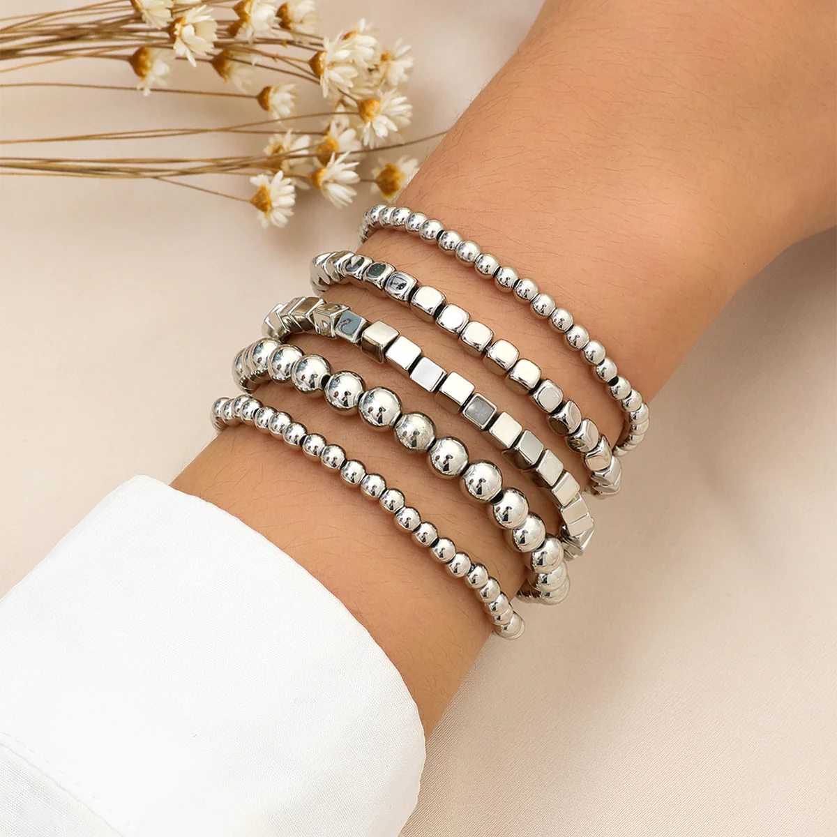 Beaded Gold Charm Elastic Bracelet - Image 2