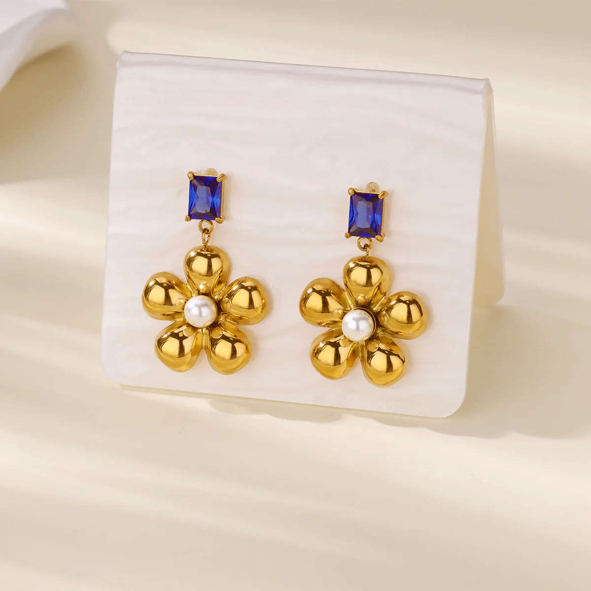 Bloom & Blue Gem Statement Earrings - Image 2