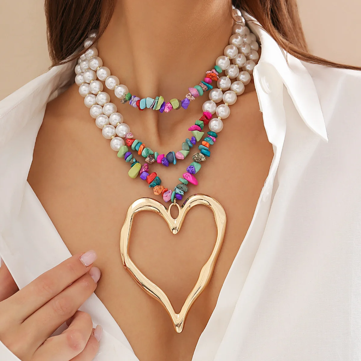 Boho Multicolor Stone Heart Choker Necklace - Image 2
