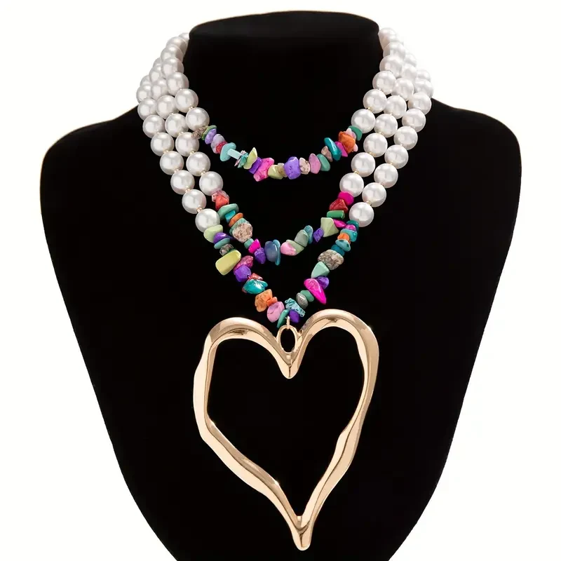 3pc Colorful Pearl Heart Shaped Layered Necklace - Image 10
