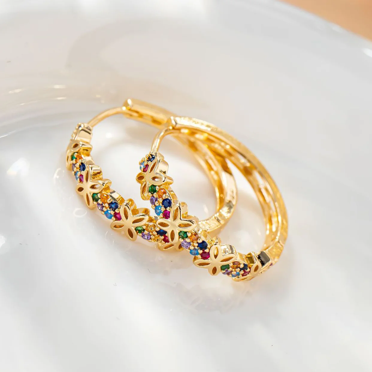 Floral Crystal Hoop Earrings - Image 3