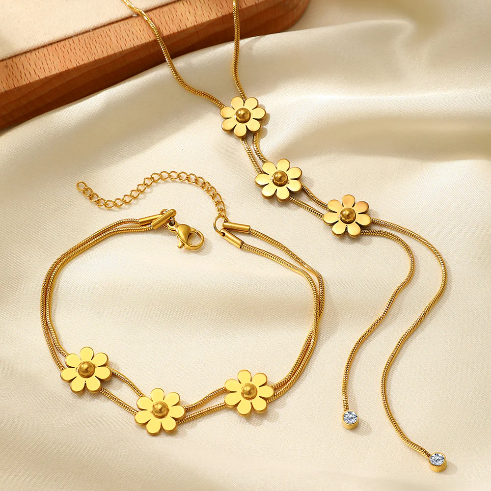 Gold Daisy Y-Necklace & Bracelet Set - Image 2