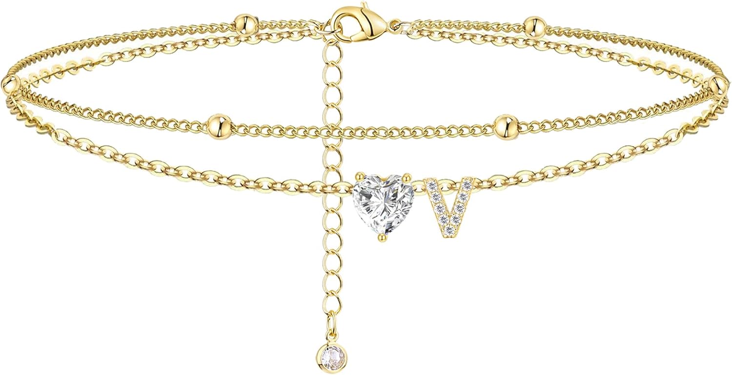Gold Heart Charm Initial Anklet - Image 15