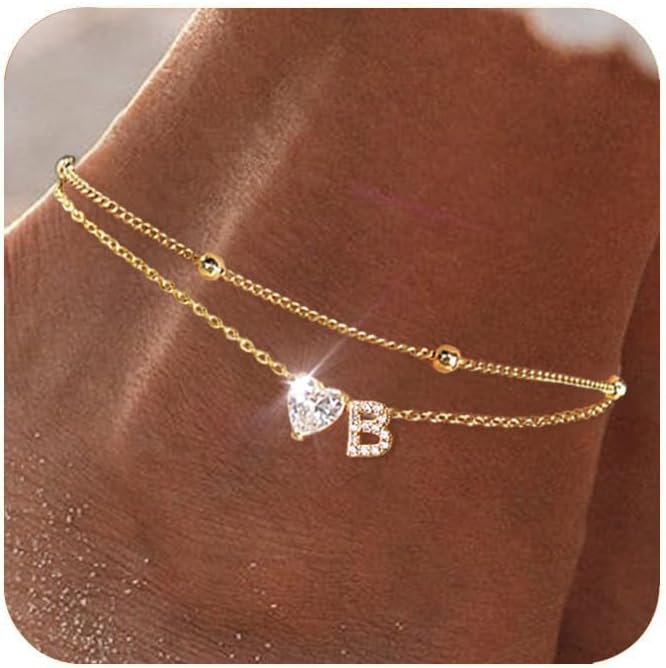 Gold Heart Charm Initial Anklet - Image 2