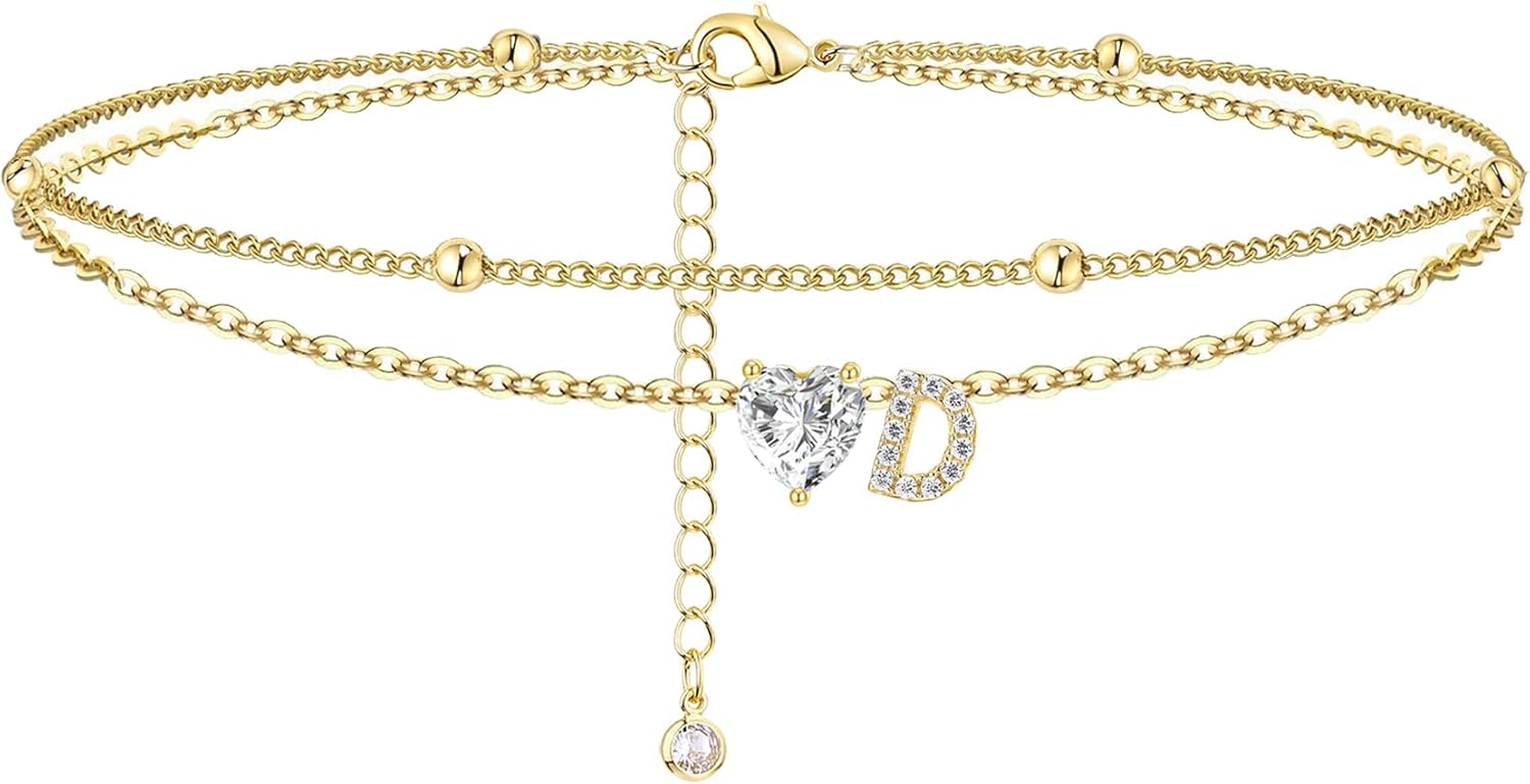 Gold Heart Charm Initial Anklet - Image 4