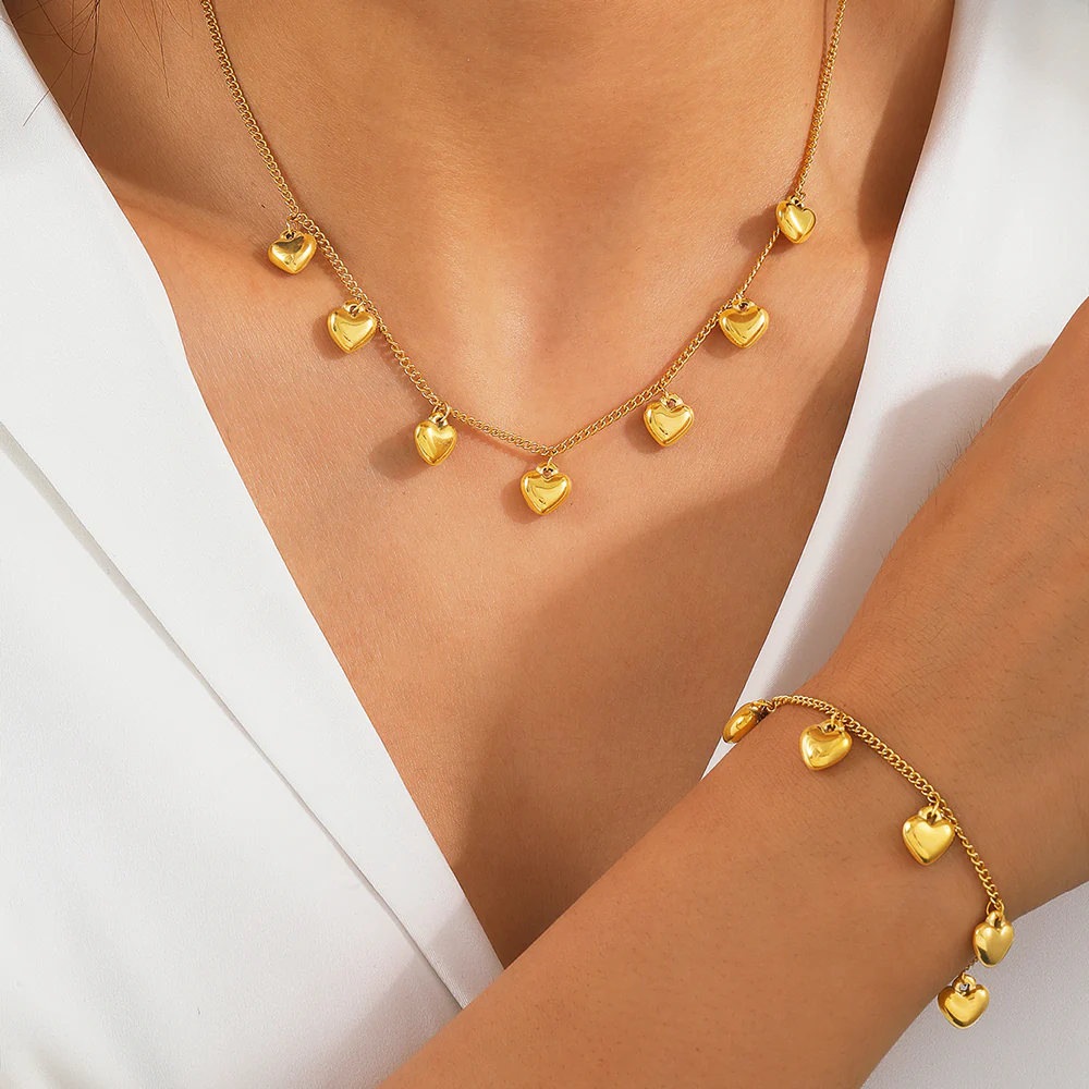 Heart Charm Necklace & Bracelet Set