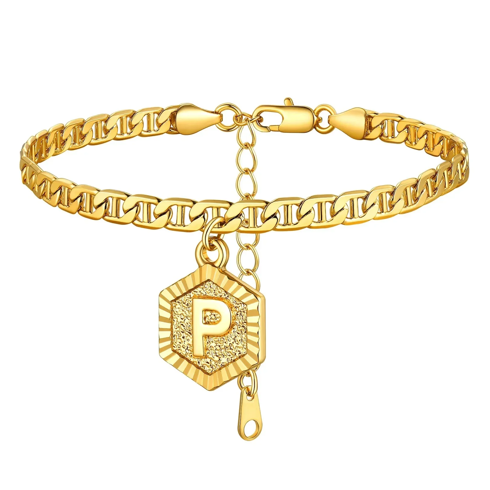 Hexagon Initial Letter Cuban Chain Anklet - Image 28