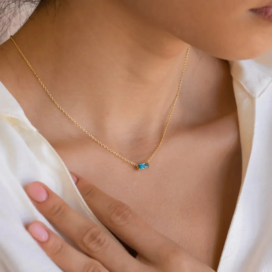 Minimal Baguette Square Birthstone Necklace - Image 5