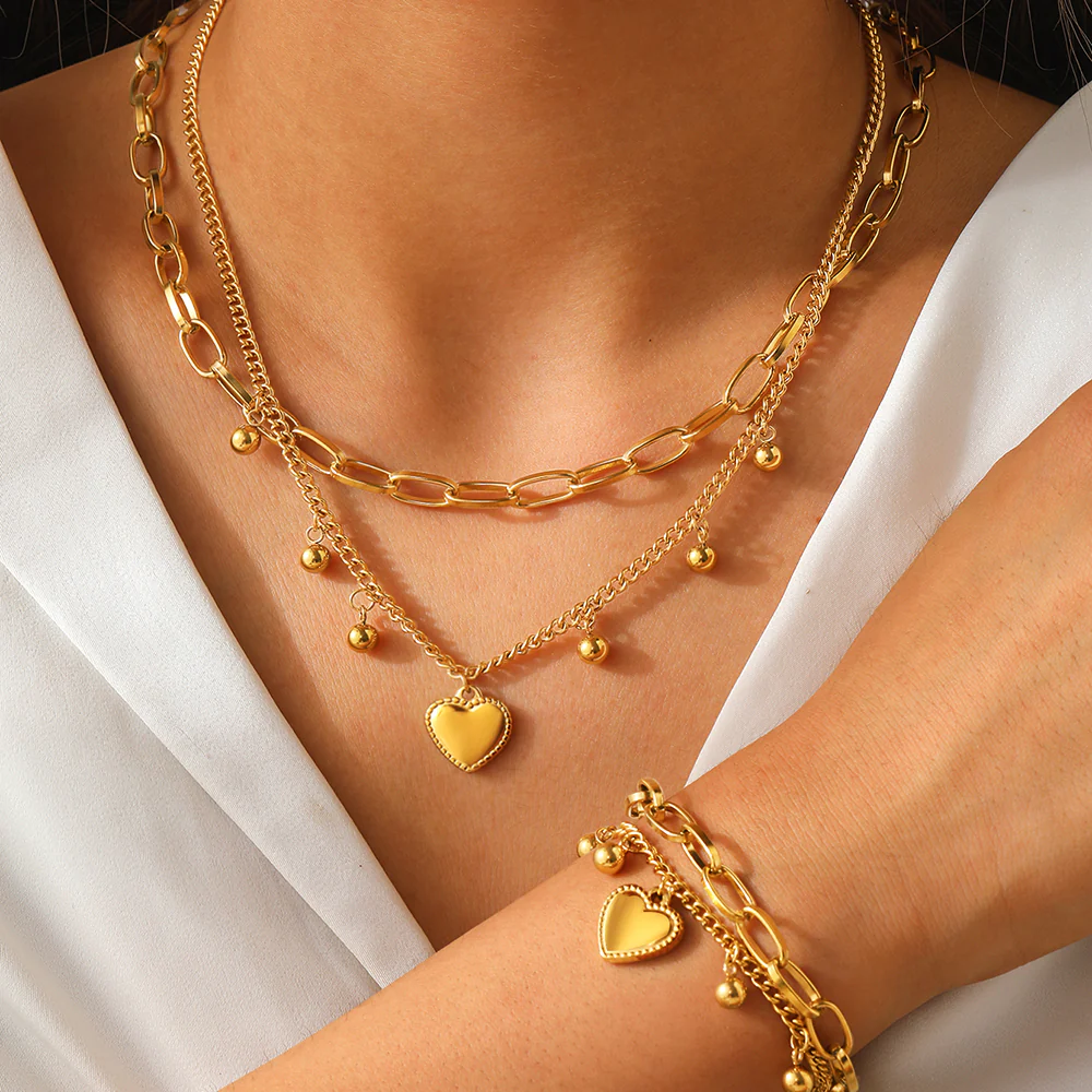 Stainless Steel Heart Bead Necklace & Bracelet Set