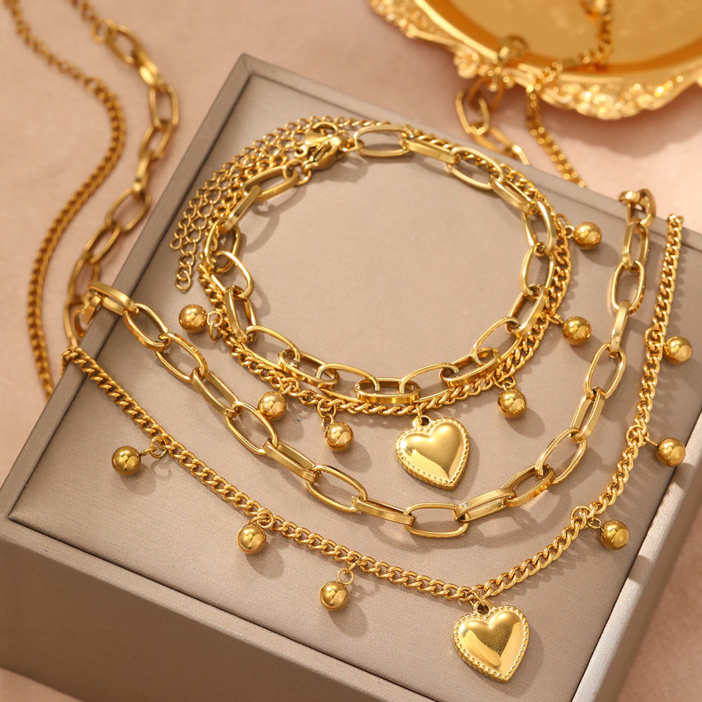 Stainless Steel Heart Bead Necklace & Bracelet Set - Image 3