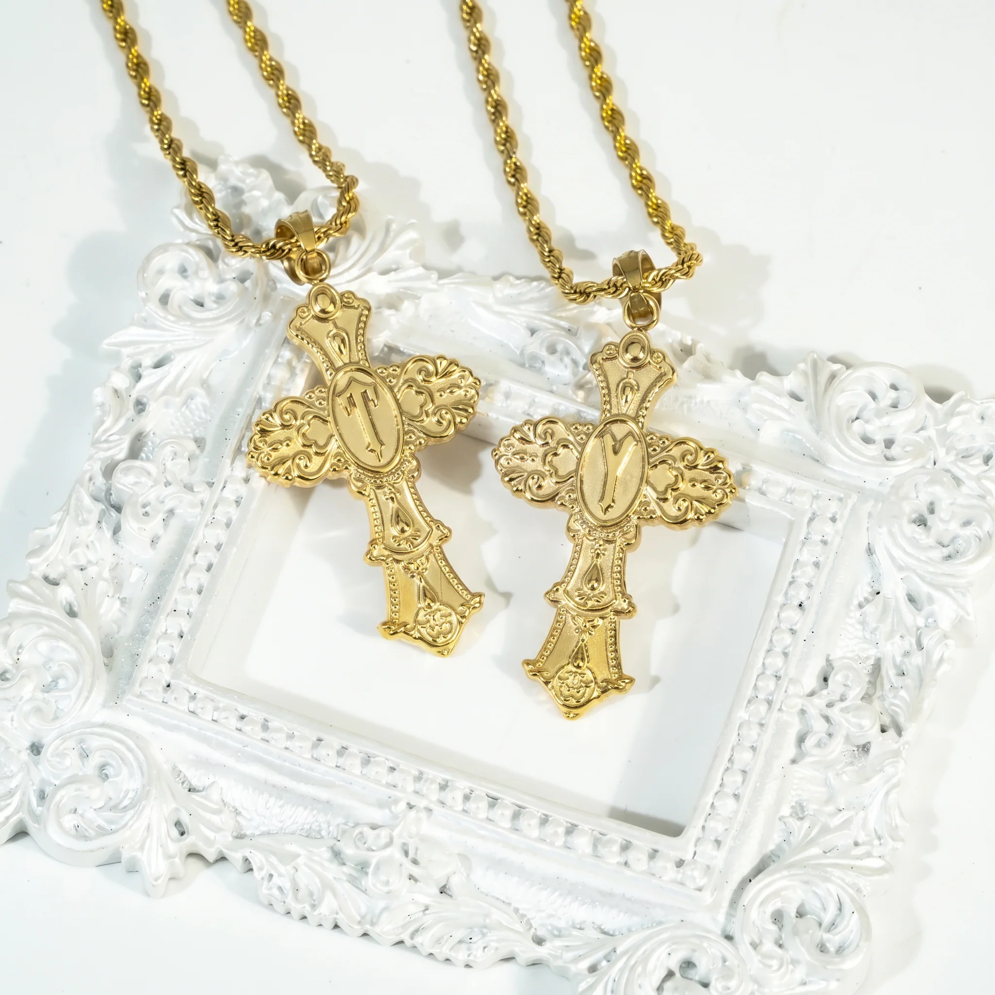 Vintage Cross Initial Necklace - Image 4